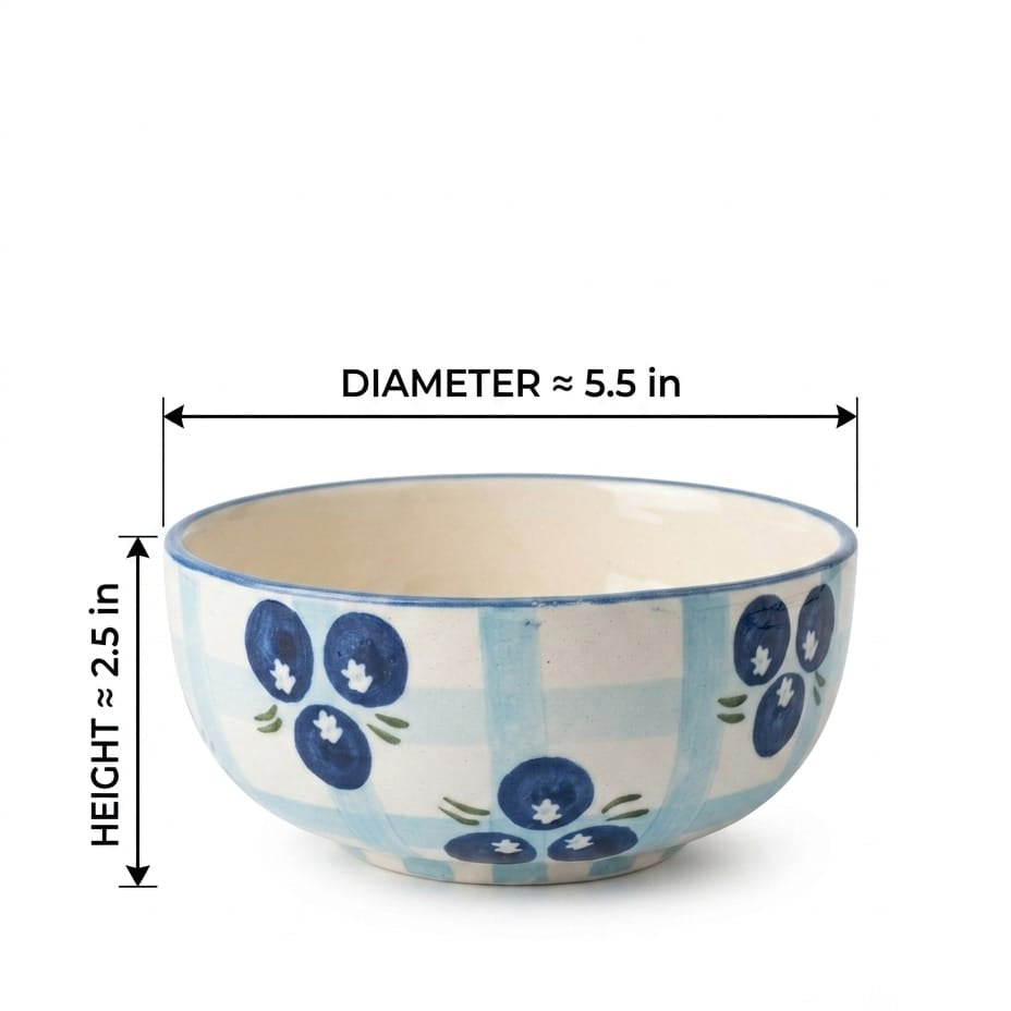 A blue and white patterned ceramic bowl with a blueberry motif, shown with dimension arrows indicating a diameter of approximately 5.5 inches and a height of approximately 2.