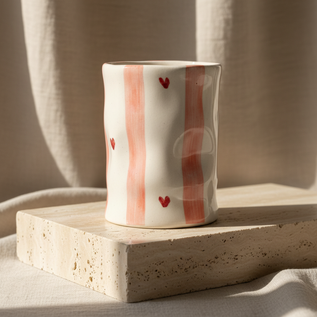 A handmade ceramic cup with a wavy, organic shape, featuring vertical stripes in soft coral pink on an off-white base, decorated with small hand-painted red hearts.