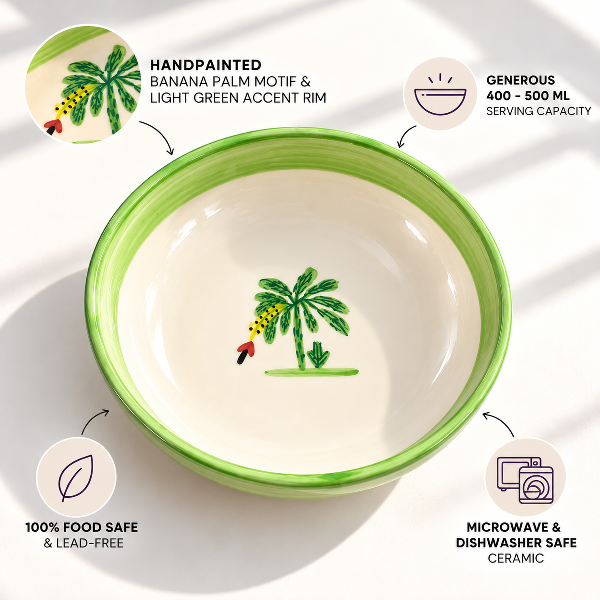 Banana Bloom Handpainted Ceramic Shallow Bowl - Large (7.5 x 2 Inches)