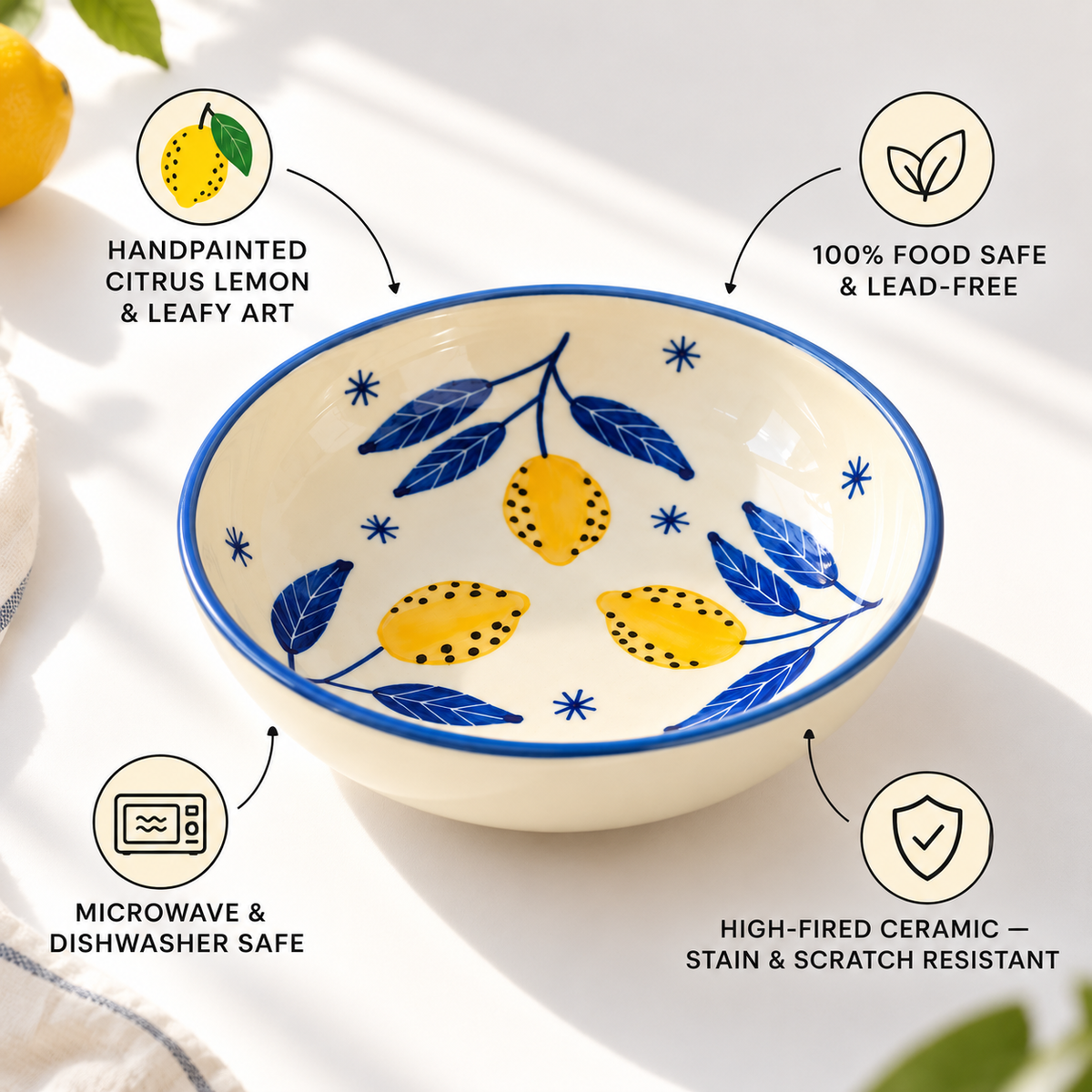 Lemon Leafy Ceramic Shallow Bowl - Large (7.5 x 2 Inches)