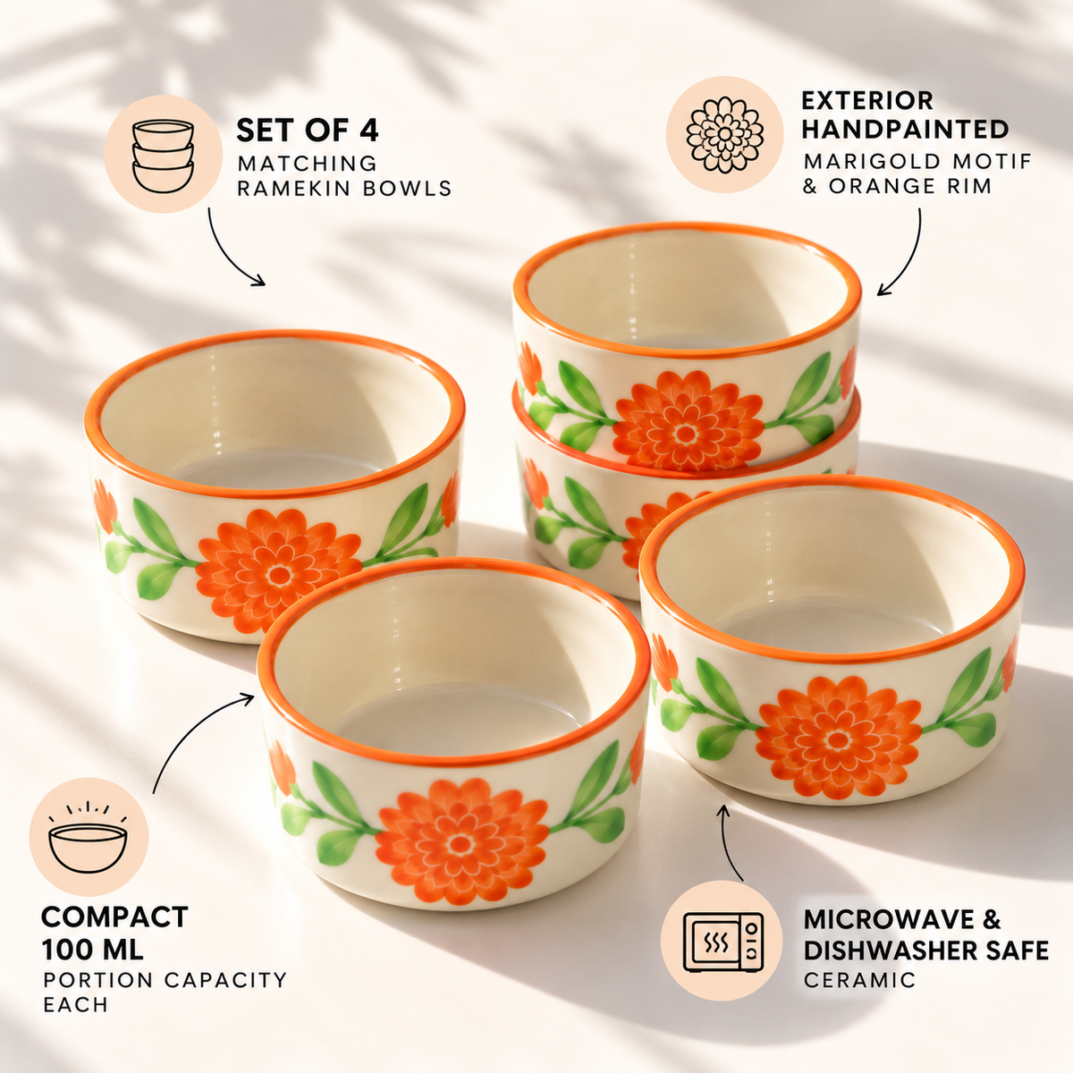 Marigold Mandi Ceramic Ramekin Bowls Set of 4