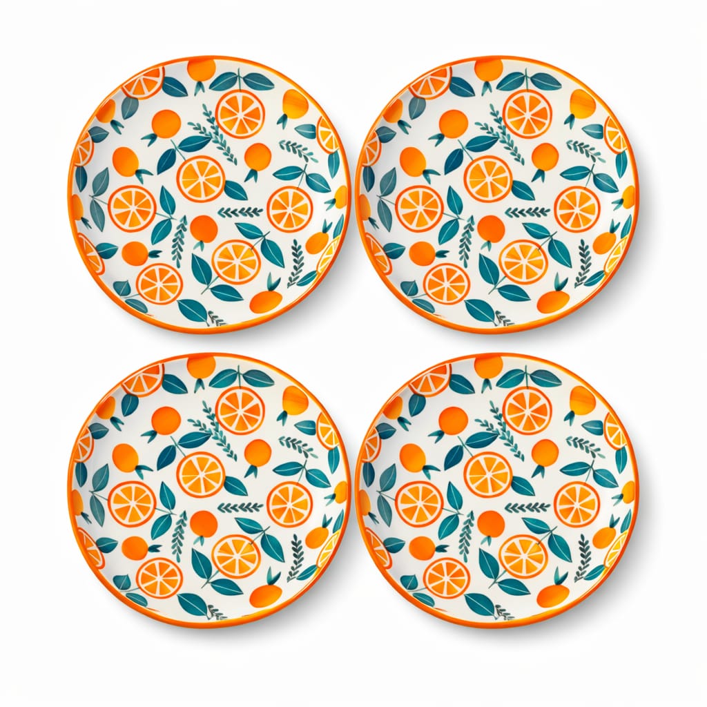 Four ceramic plates with orange and leaf pattern on a white background