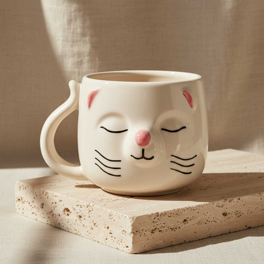 A ceramic cat-face mug in a warm cream color with pink ears and nose, black whiskers, and closed eyes, shown on a clean white background.