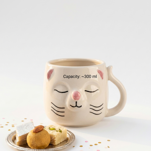 A beige ceramic cat-face mug with closed eyes, pink ears and nose, whiskers, and a handle, shown on a white background with a small plate of sweets in front. Black text on the mug reads 'Capacity: ~300 ml'.