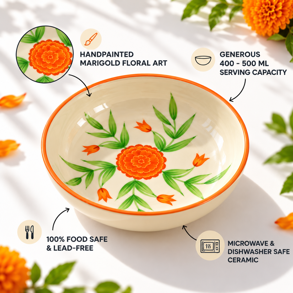 Marigold Mandi Ceramic Shallow Bowl - Large (7.5 x 2 Inches)