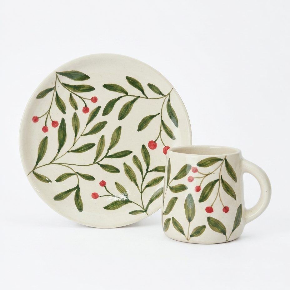 Olive Leaf Ceramic Set - Plate & Cup