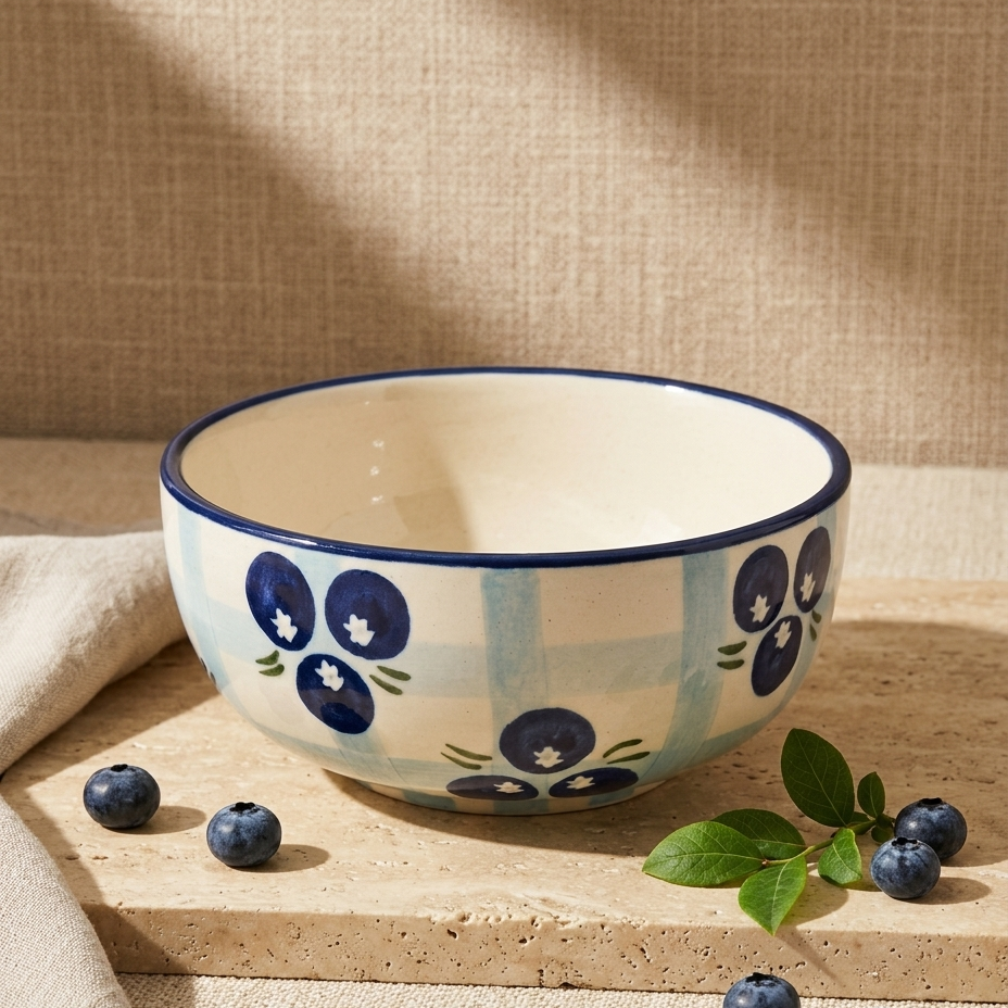A ceramic bowl with a blueberry and gingham pattern, styled on a stone slab with fresh blueberries and a linen background.