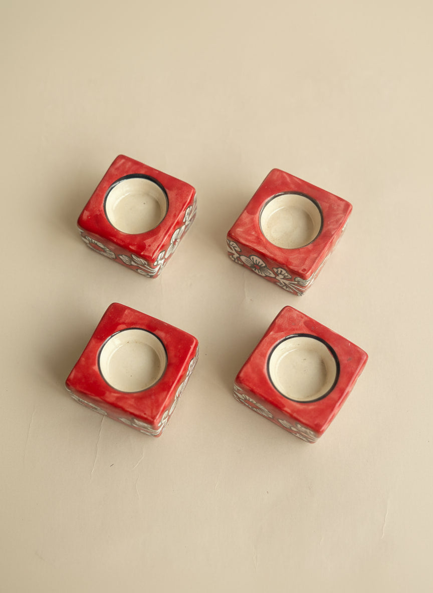 Square Ceramic Diya Set of 4 Red