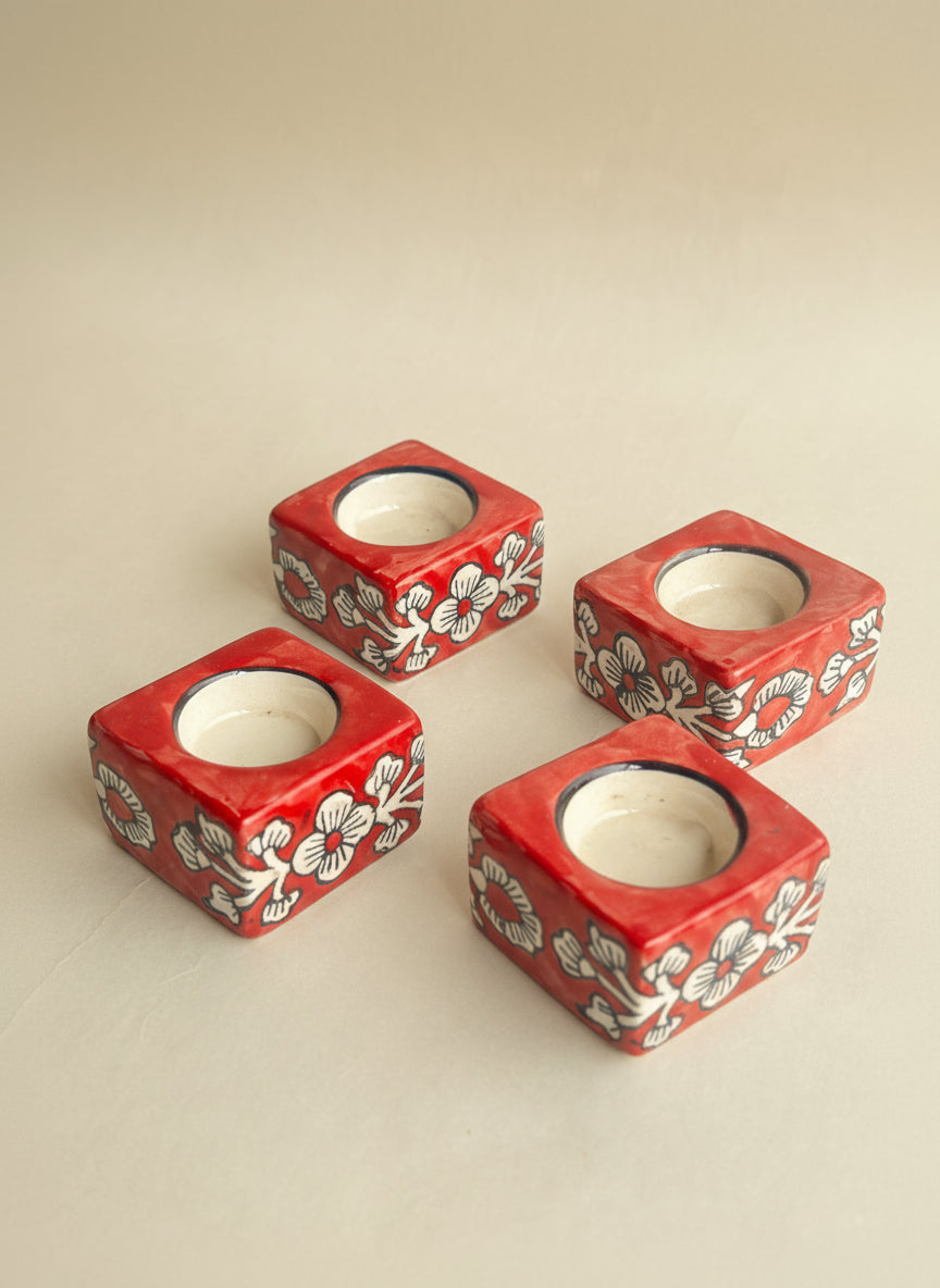 Square Ceramic Diya Set of 4 Red
