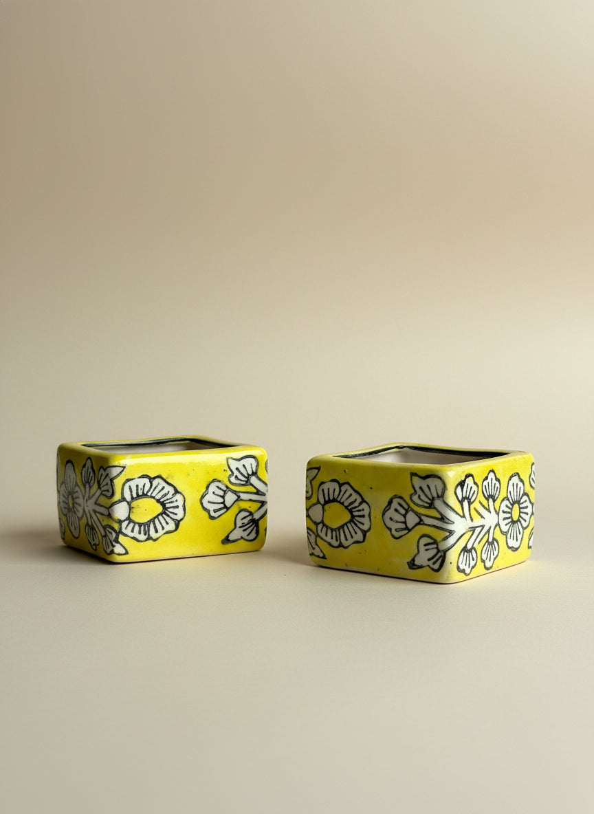 Square Ceramic Diya Set of 4 Light Yellow