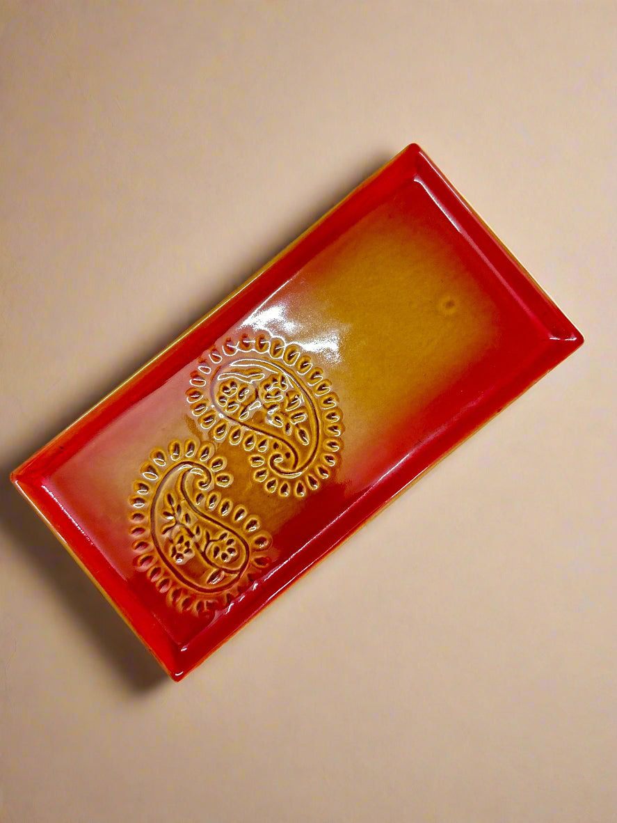 Paisley Red Rectangle Ceramic Tray - Red
