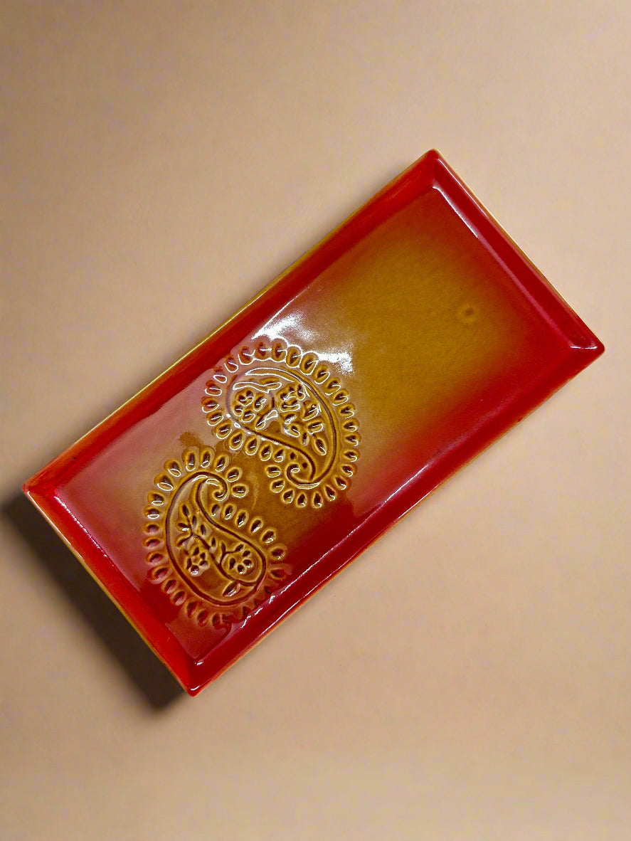Paisley Red Rectangle Ceramic Tray - Red