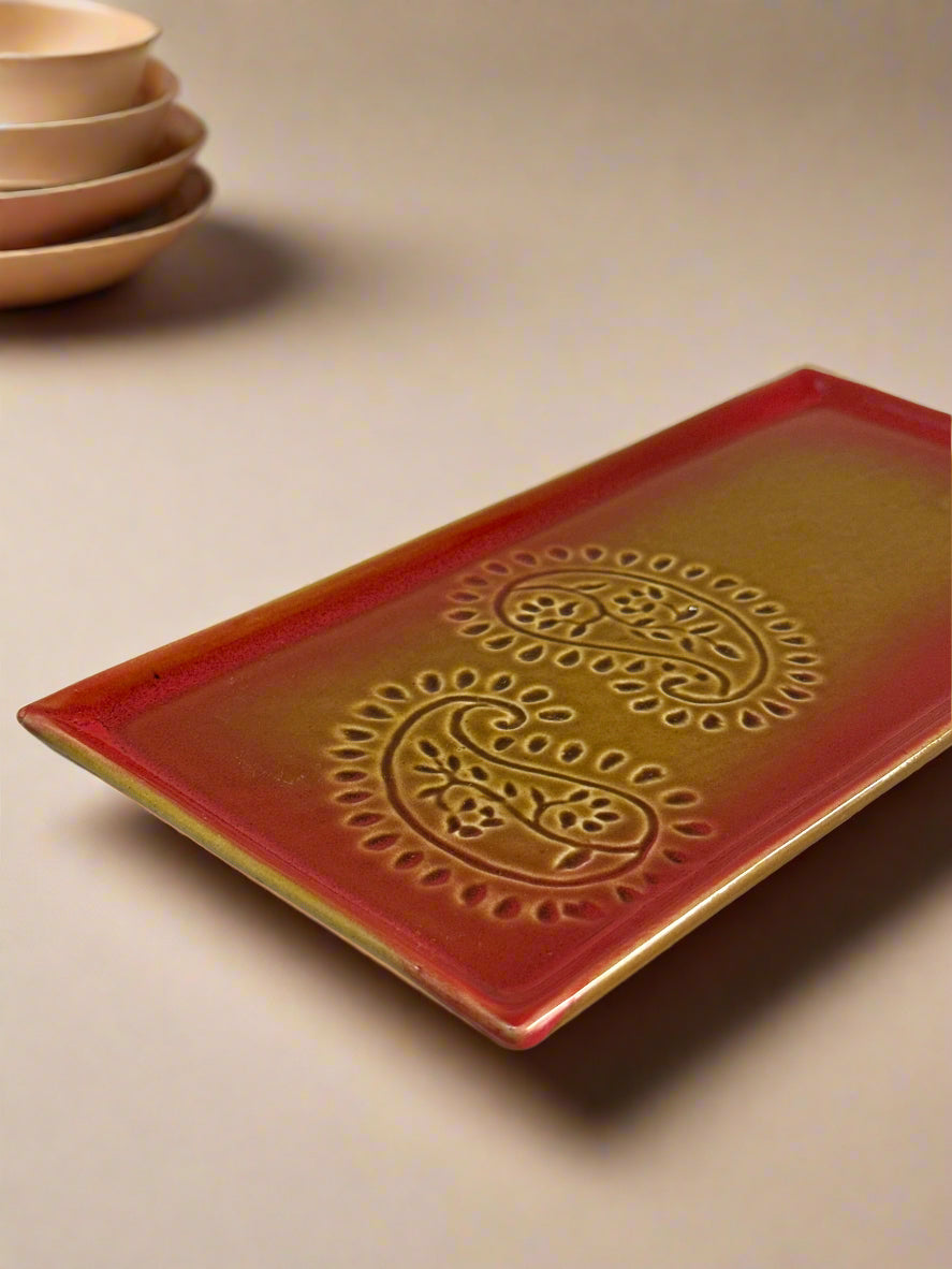 Paisley Red Rectangle Ceramic Tray - Red
