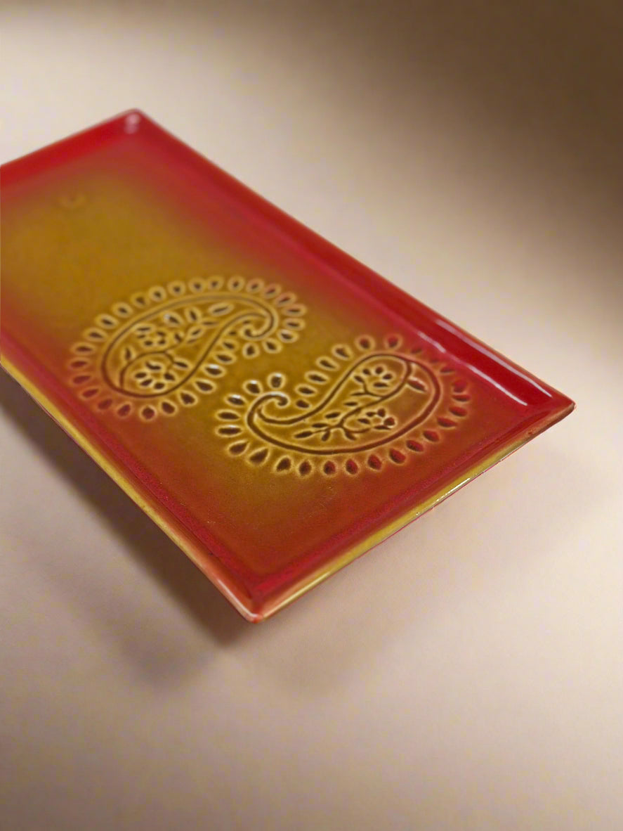 Paisley Red Rectangle Ceramic Tray - Red