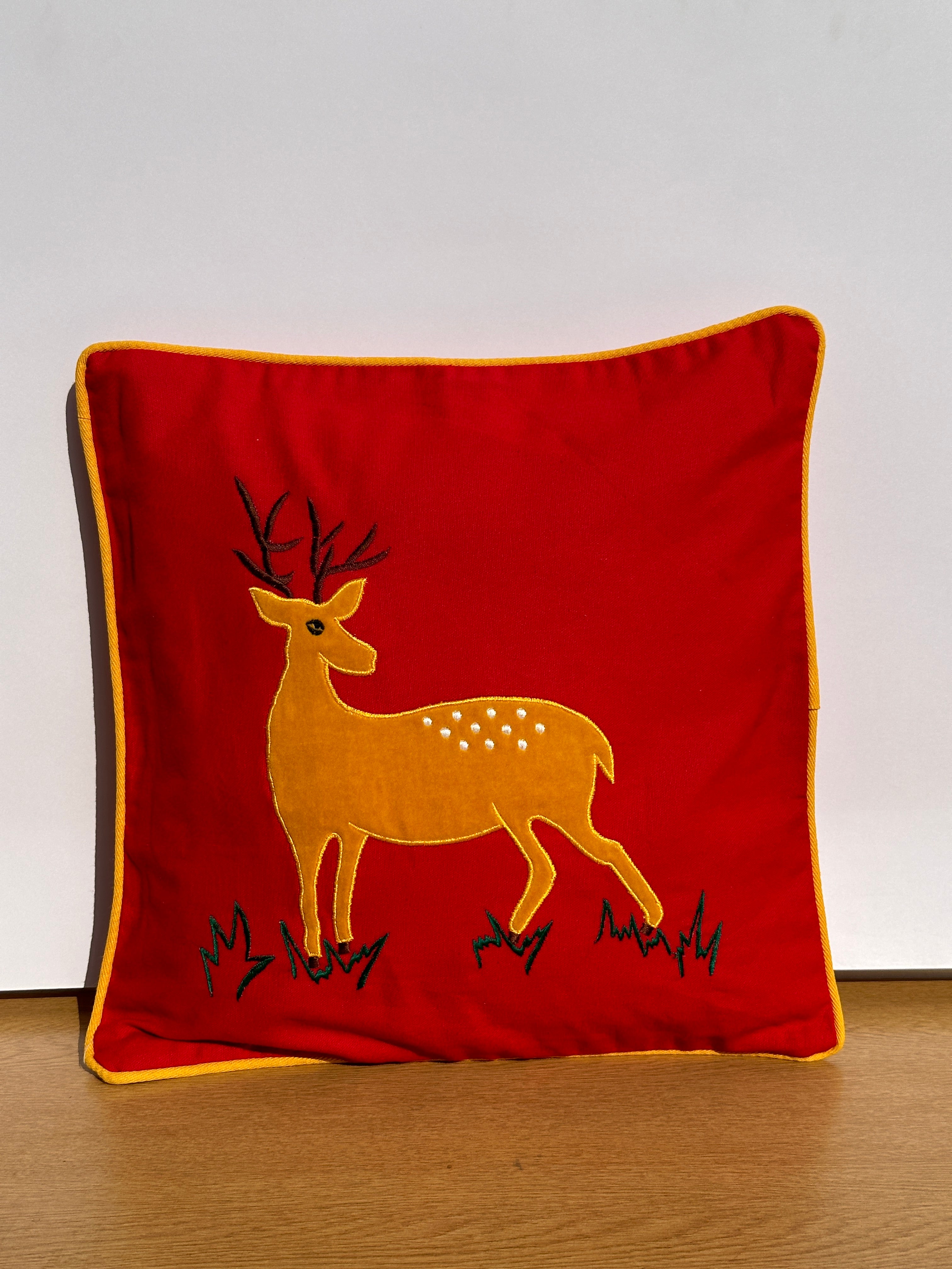 Reindeer Velvet Embroidered Cushion Cover - 16 x 16"