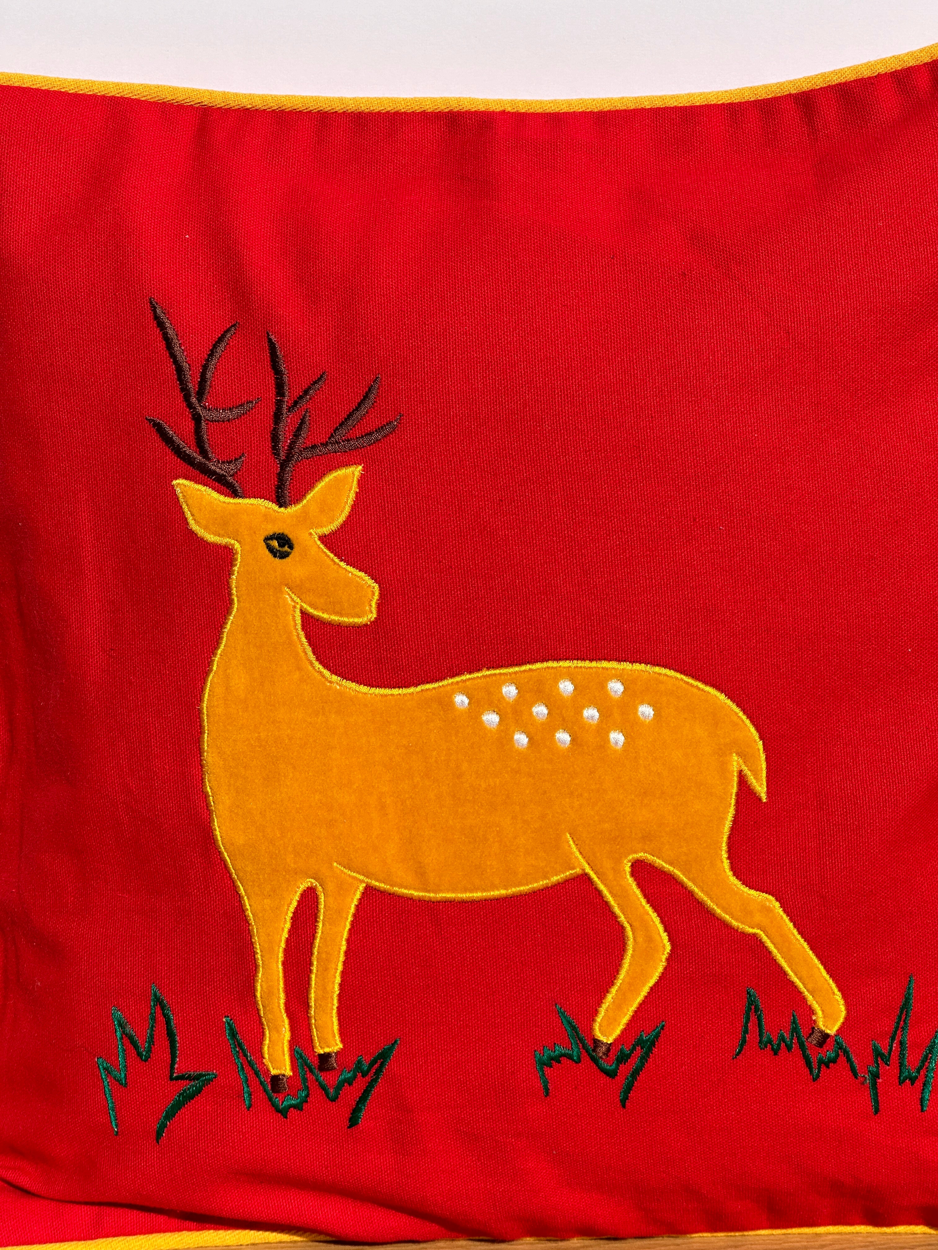 Reindeer Velvet Embroidered Cushion Cover - 16 x 16"