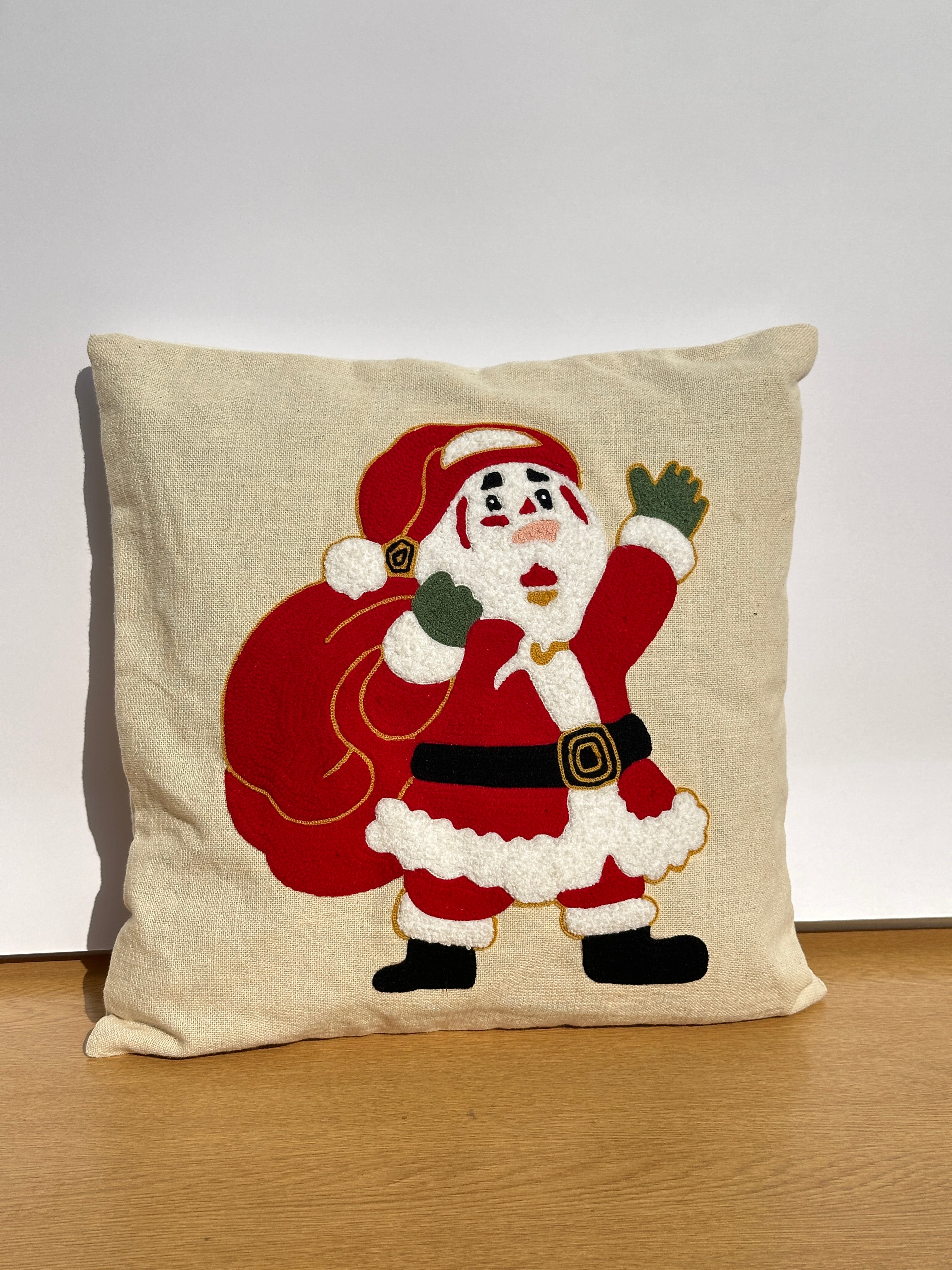 Santa Claus Velvet Embroidered Cushion Cover - 16 x 16"