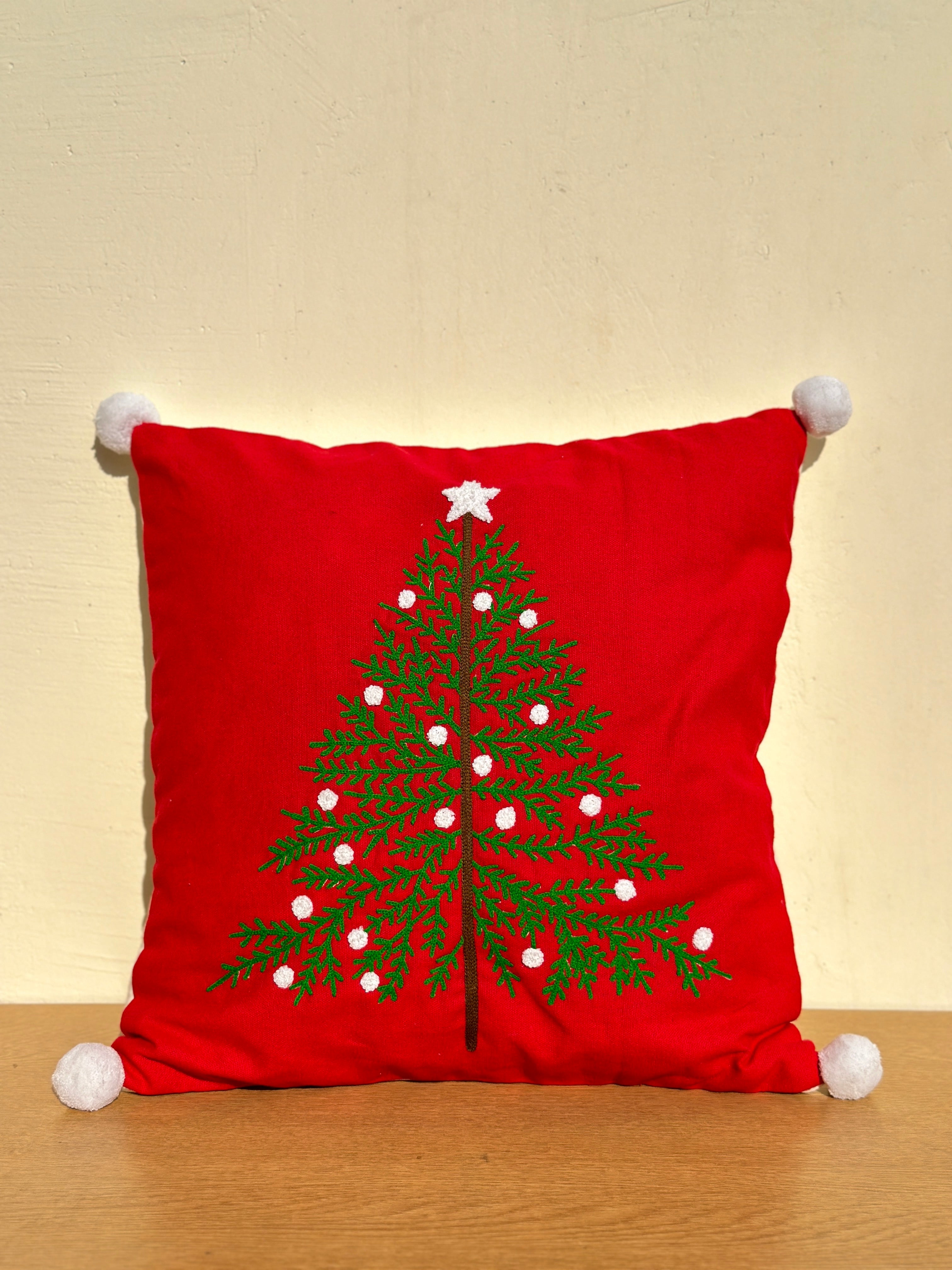 Christmas Tree Velvet Embroidered Cushion Cover - 16 x 16"