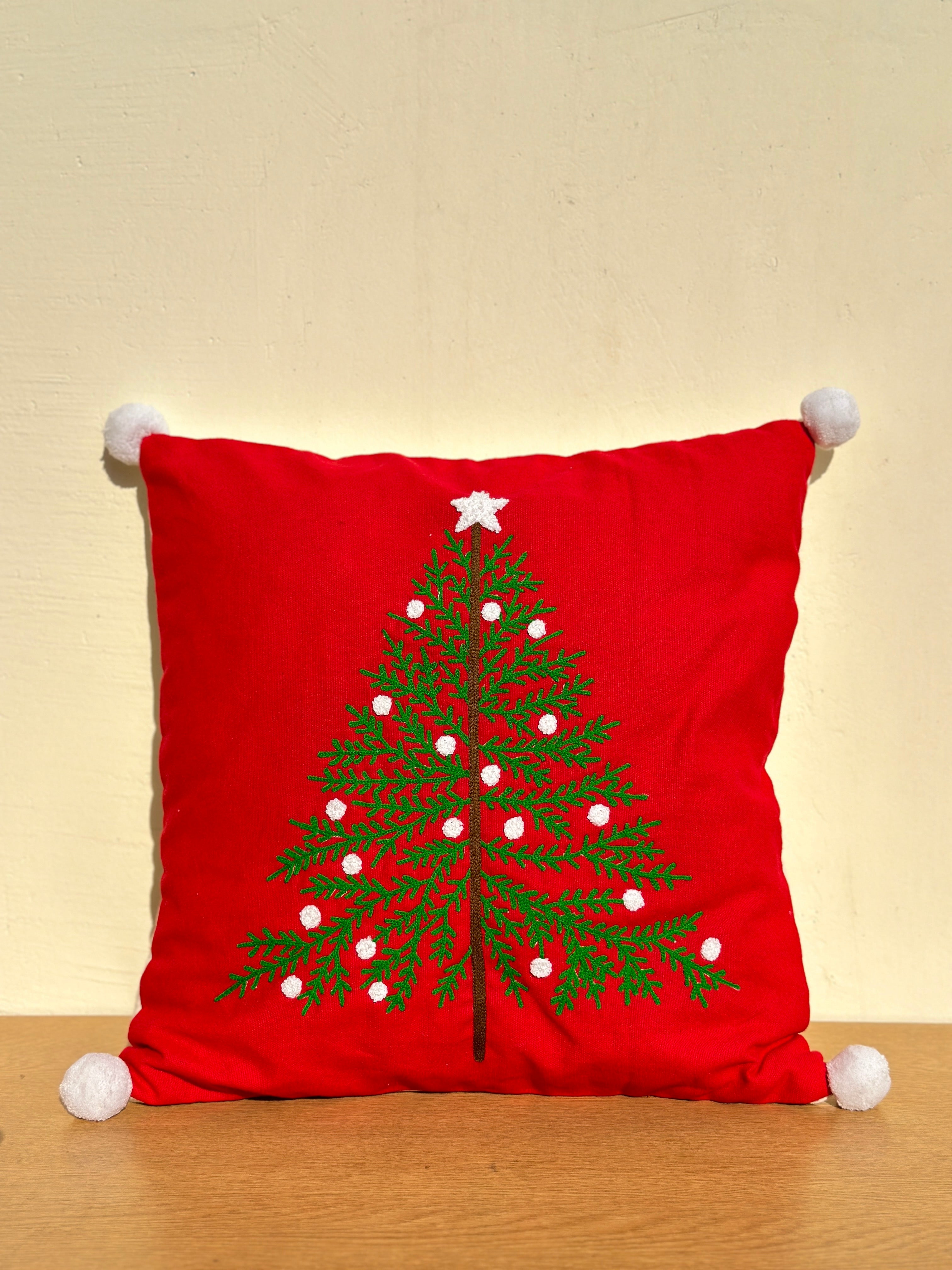 Christmas Tree Velvet Embroidered Cushion Cover - 16 x 16"