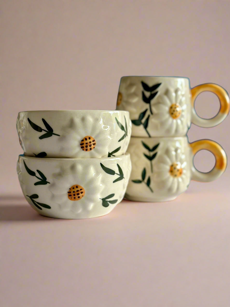 Embossed Sunflower Ceramic Cup & Bowl Combo