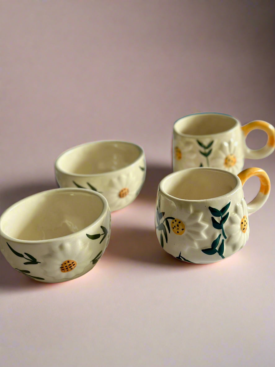 Embossed Sunflower Ceramic Cup & Bowl Combo