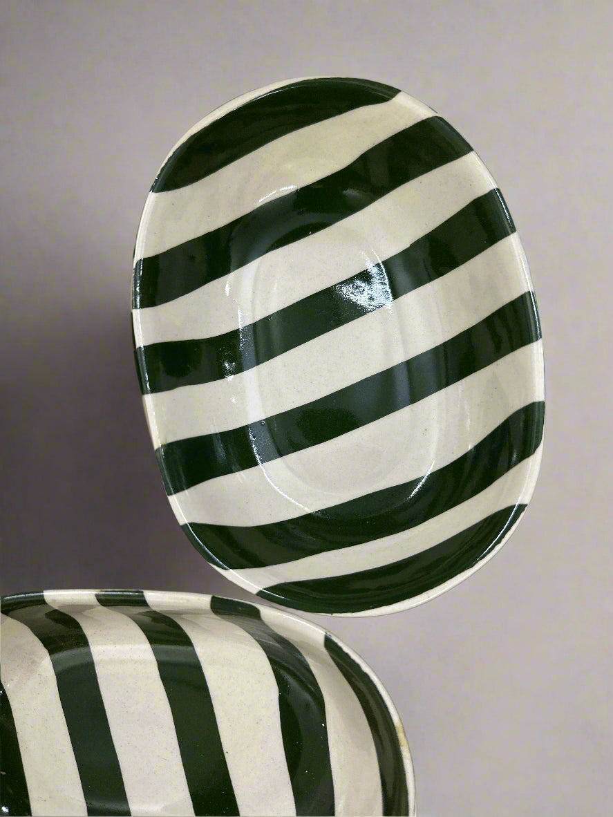 Vintage Army Green Stripe Ceramic Bowl