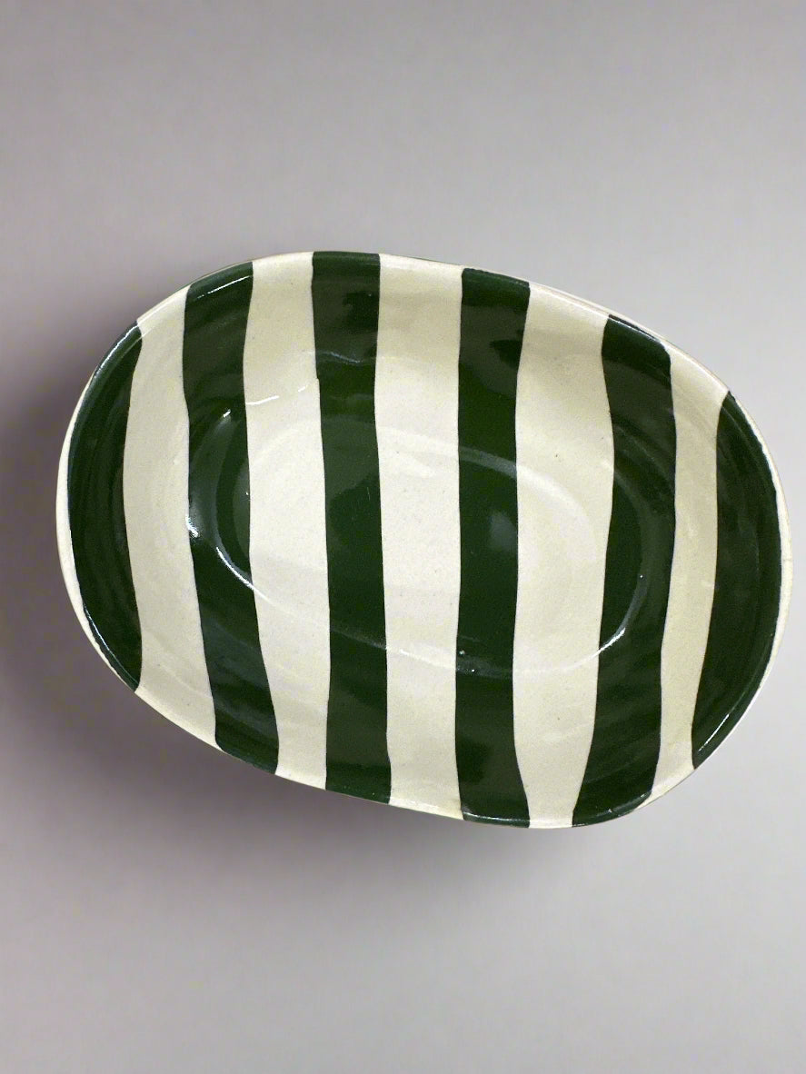 Vintage Army Green Stripe Ceramic Bowl