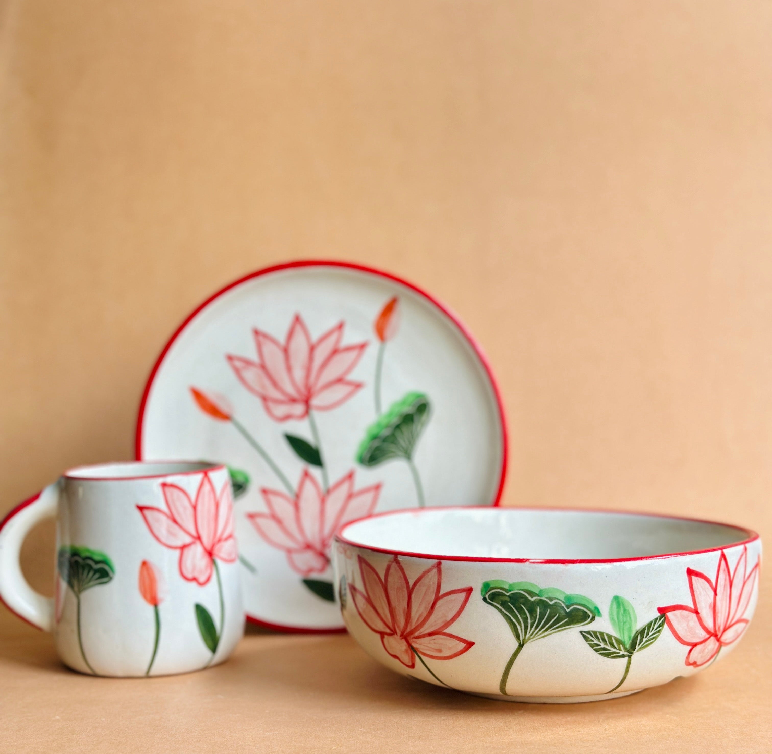 Lotus Handpainted Ceramic Breakfast Set of 3