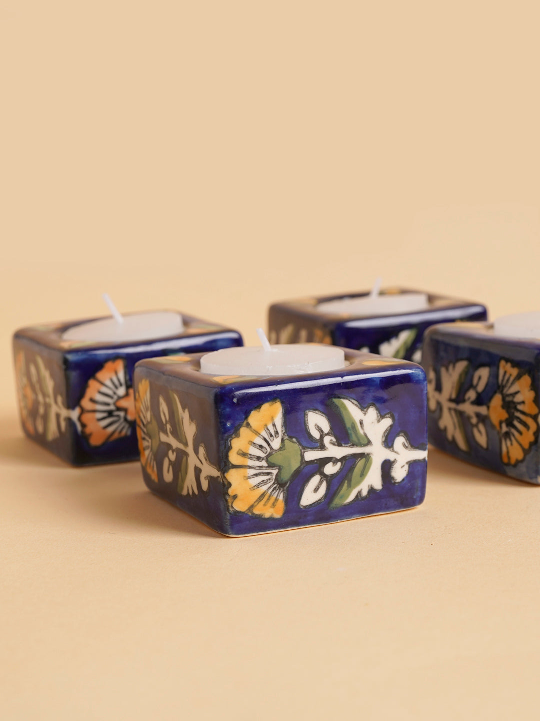 Square Ceramic Diya Set of 4 blue (assorted)