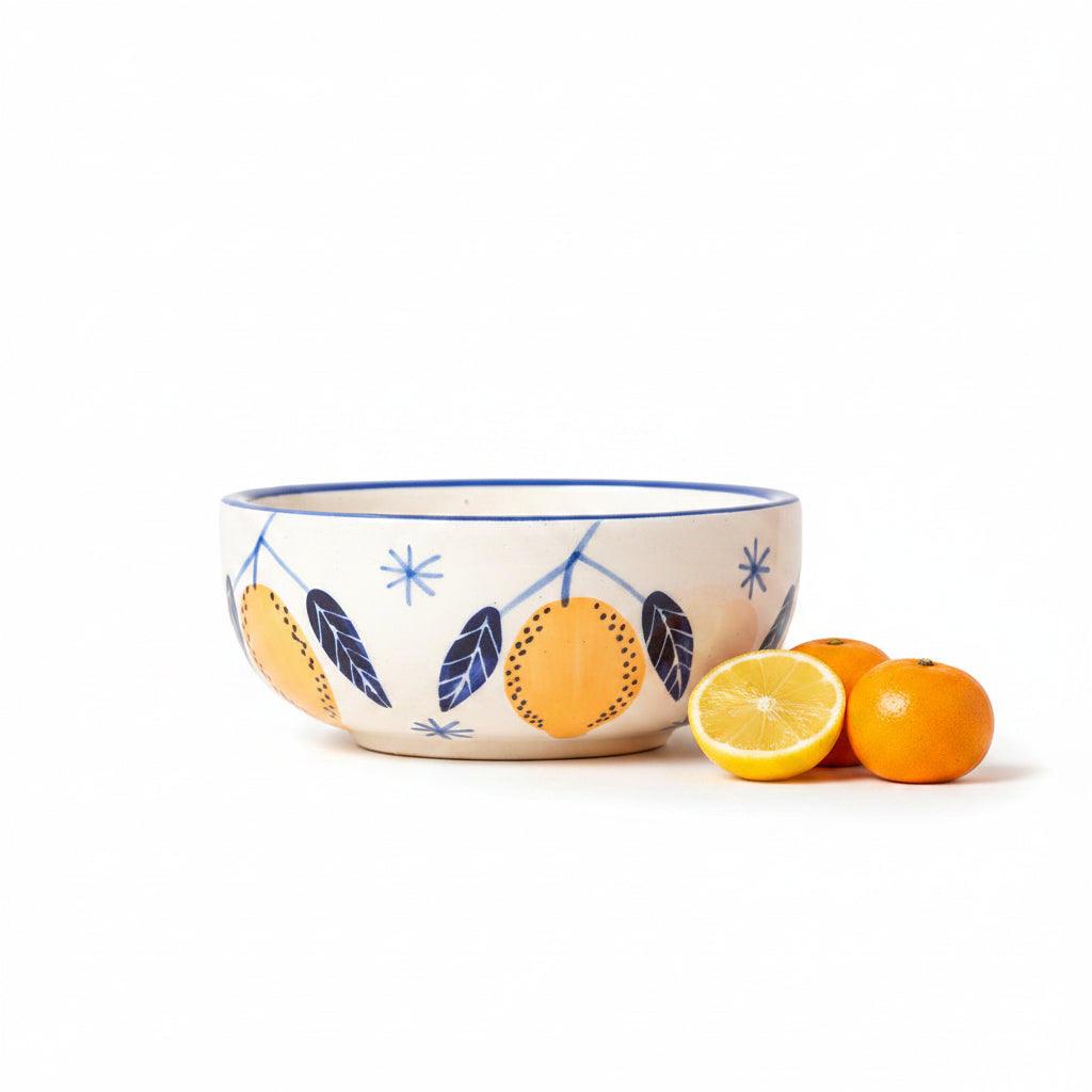 Ceramic bowl with decorative design on a beige background