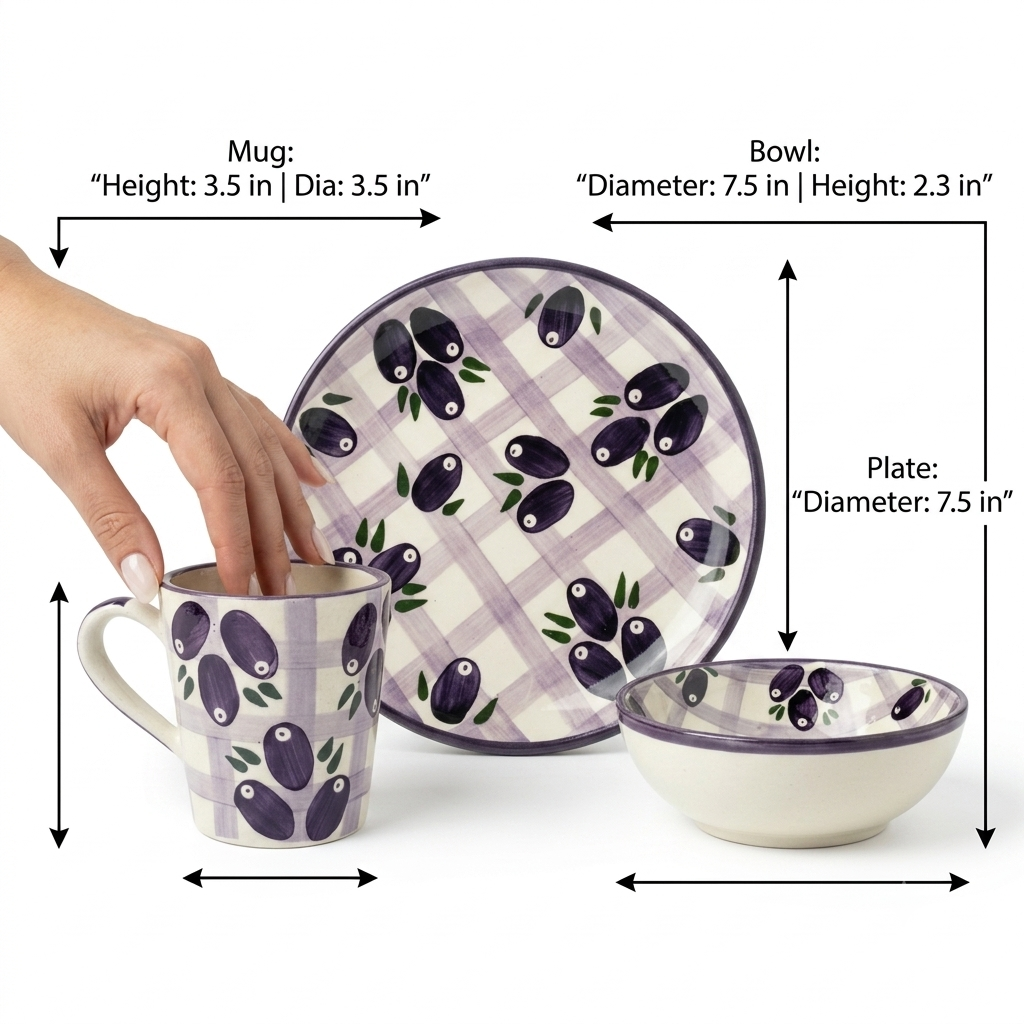 A ceramic mug, plate, and bowl set with an olive branch pattern and purple plaid accents, shown with a hand holding the mug and measurement arrows and text indicating dimensions.