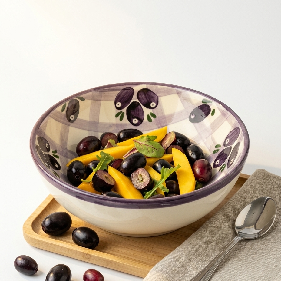A ceramic bowl with a purple and beige plaid pattern and olive print, filled with sliced mango, black olives, and green basil leaves, styled on a wooden board with a spoon and napkin.