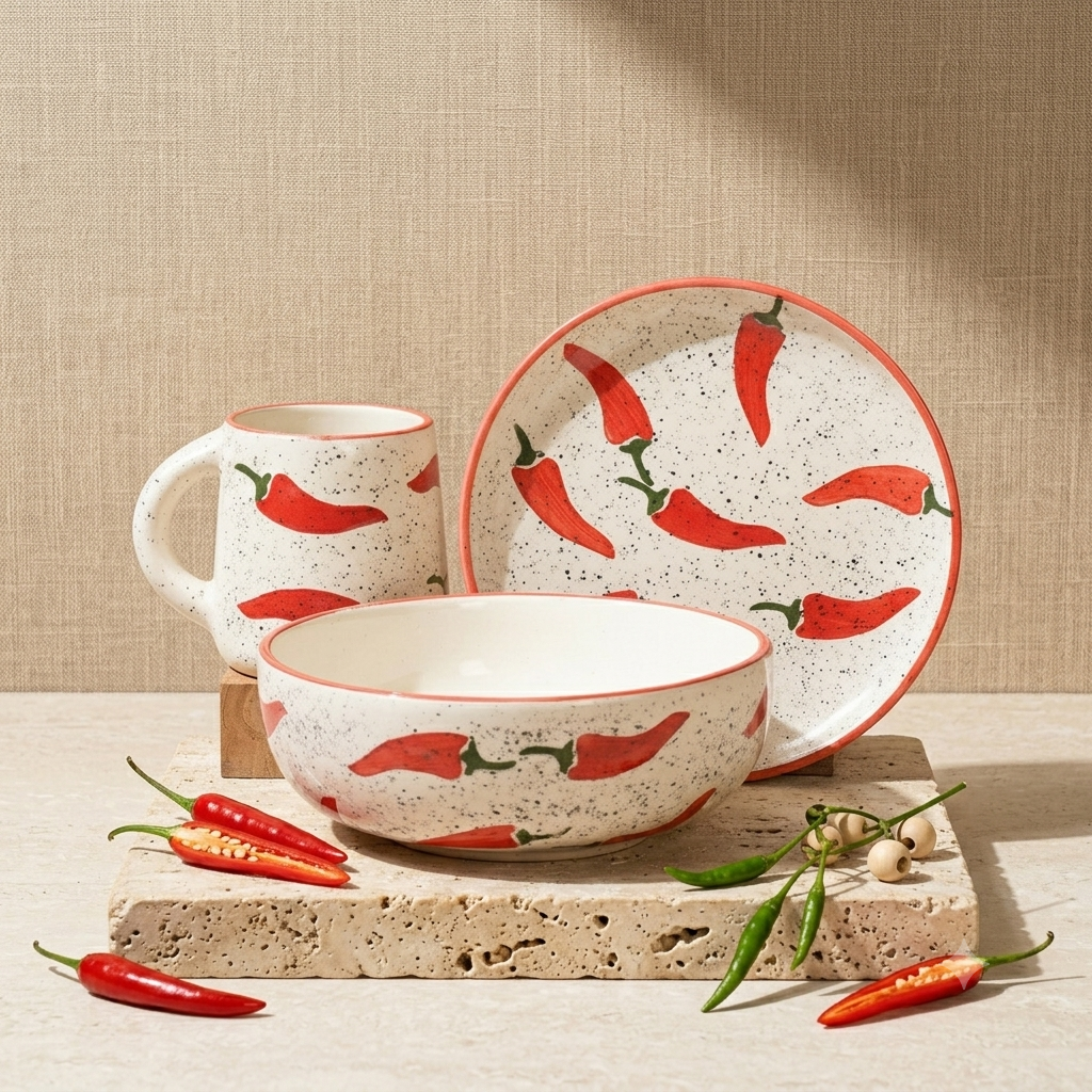 Keep It Spicy Breakfast Set of 3 including a matching ceramic plate, bowl, and mug with a vibrant and quirky spicy theme design.