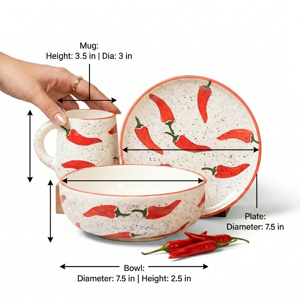 A ceramic dinnerware set with a red chili pepper print on a speckled off-white background, shown with a hand holding the mug to indicate scale. The set includes a mug, bowl, and plate, with black dimension arrows and text labels showing measurements.