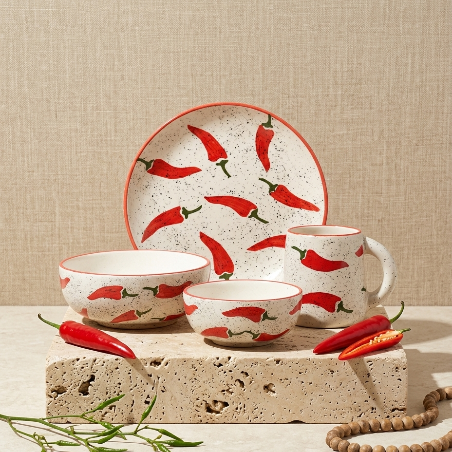 A ceramic tableware set with a red chili pepper pattern, including a plate, bowls, and a mug, styled on a stone block with red chili peppers and green herbs against a textured beige background.