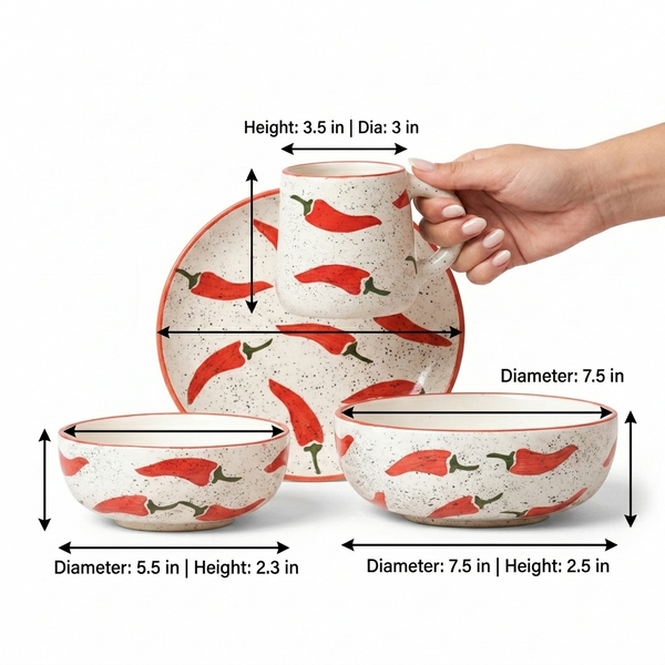 Three ceramic tableware pieces with a red chili pepper print on a speckled cream background, shown with measurement arrows and labels for height, diameter, and depth. A hand is holding the smaller cup, and the items are arranged on a clean white background.