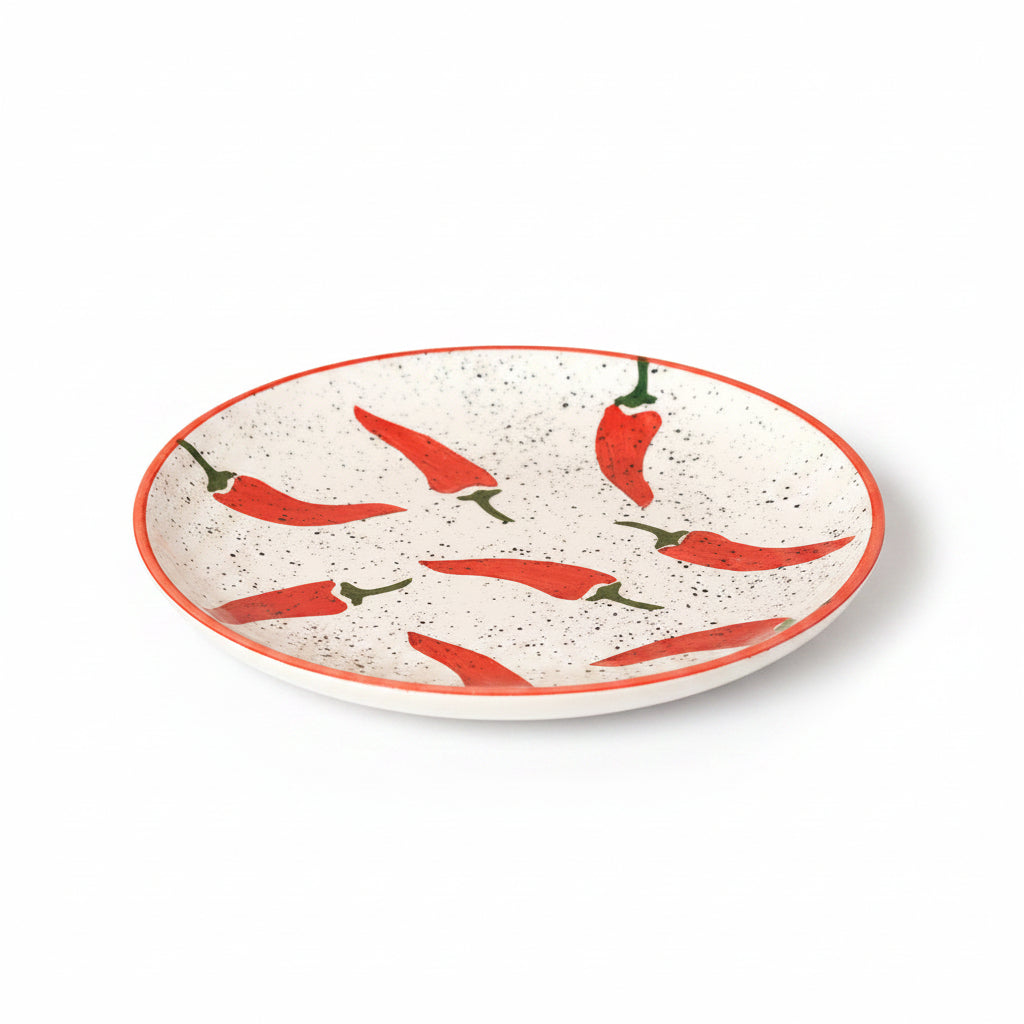 Keep It Spicy ceramic dinner plate decorated with an eye-catching food-themed print.5