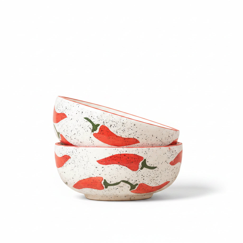 Two ceramic bowls with red chili pepper design on a beige background