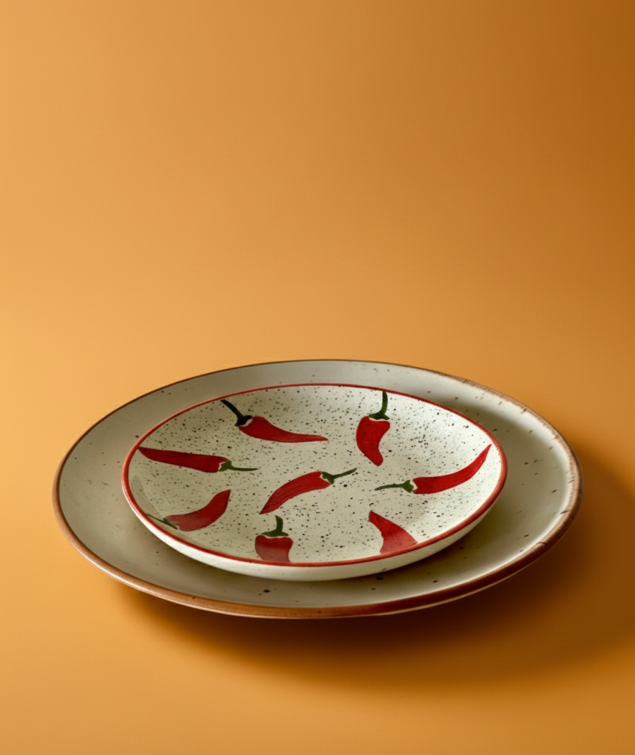 Ceramic plate with red chili pepper design on a matching platter against an orange background