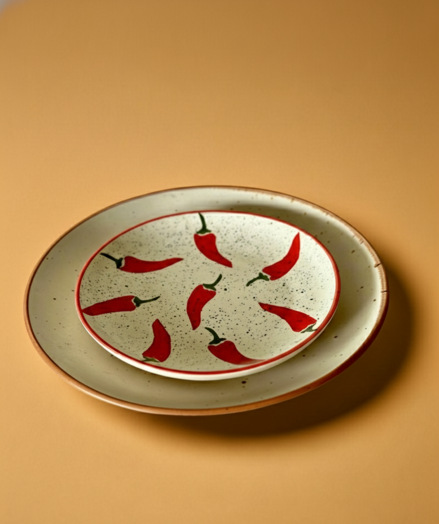 Ceramic plate with red chili pepper design on a beige background