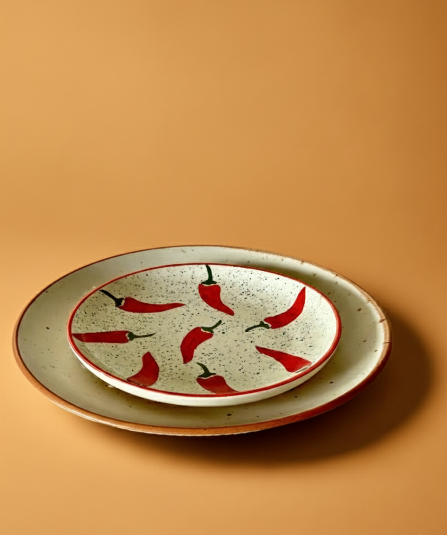 Ceramic plate with red chili pepper design on a beige background