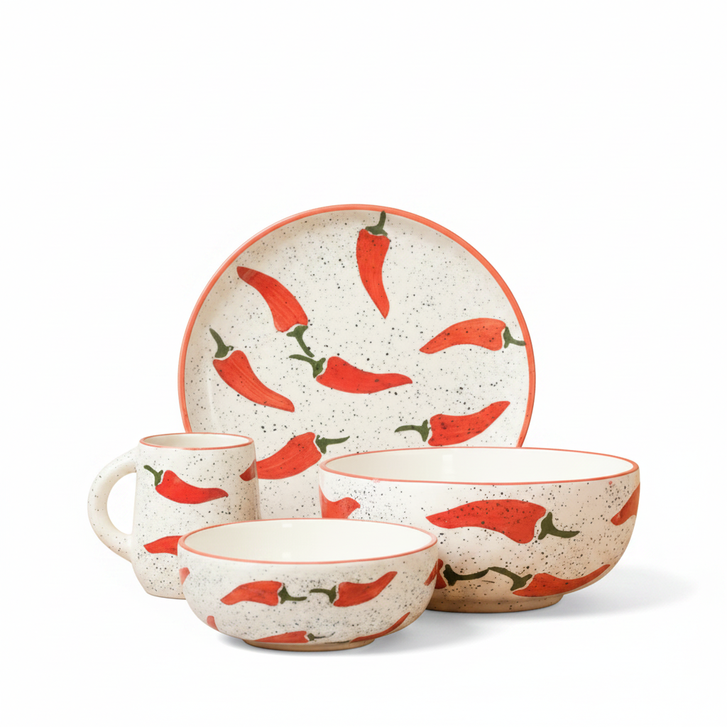 Ceramic dinnerware set with red chili pepper design on a beige background