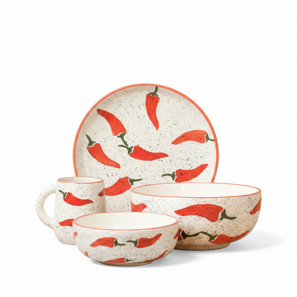 Keep It Spicy Breakfast Set of 4 featuring a complete matching ceramic tableware kit with a vibrant and quirky spicy theme design.