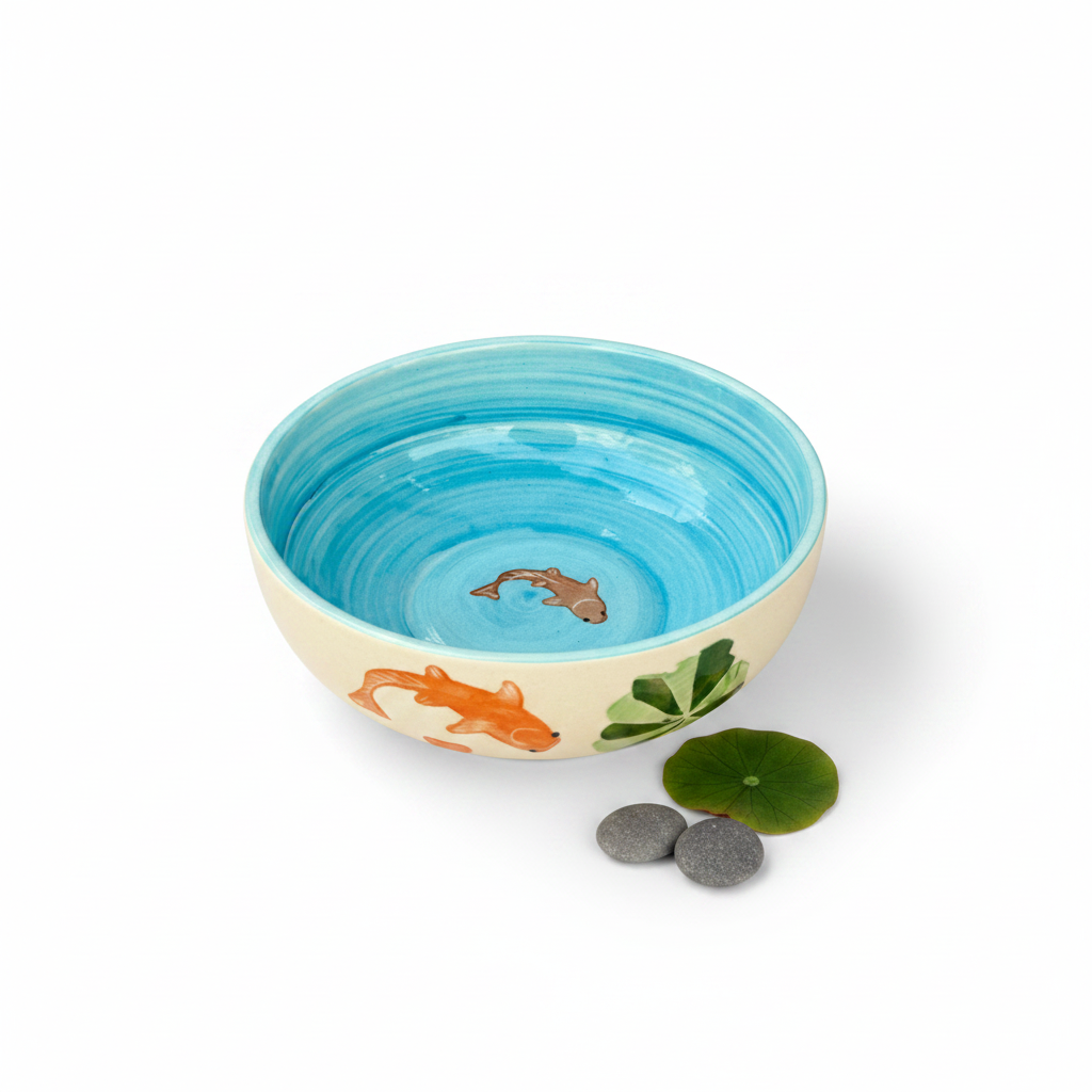 Ceramic bowl with fish design on a white background