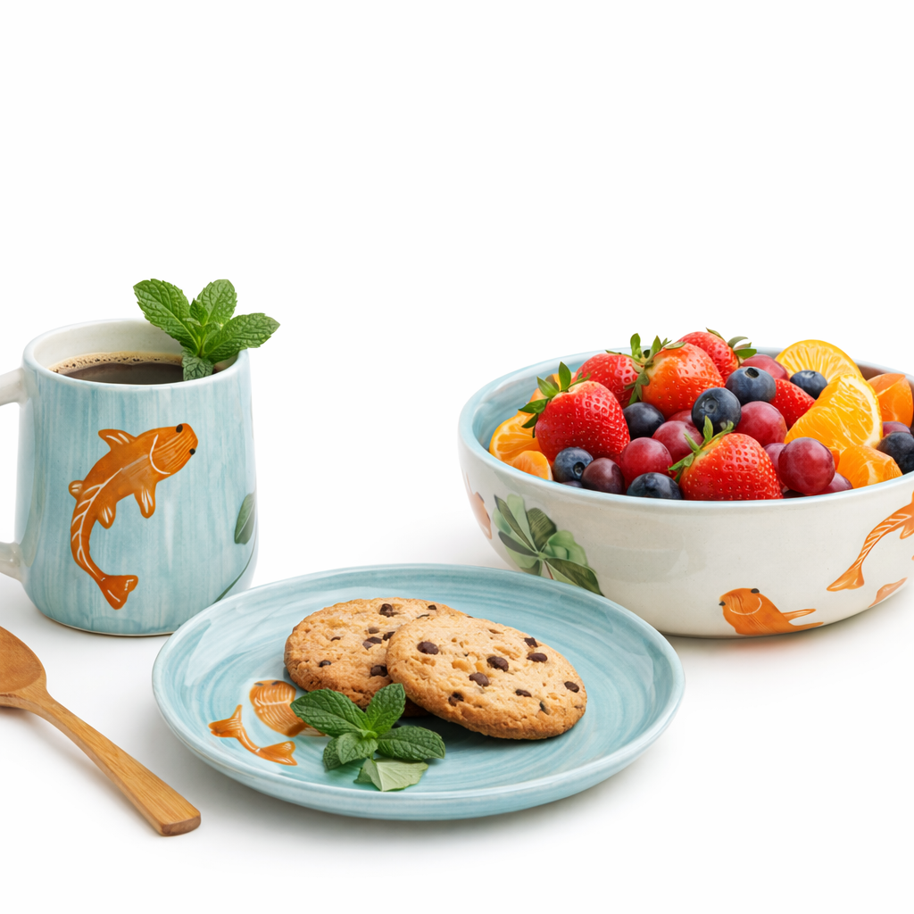 Teal mug with fish design, cookies on a plate, and a bowl of fruit on a white background
