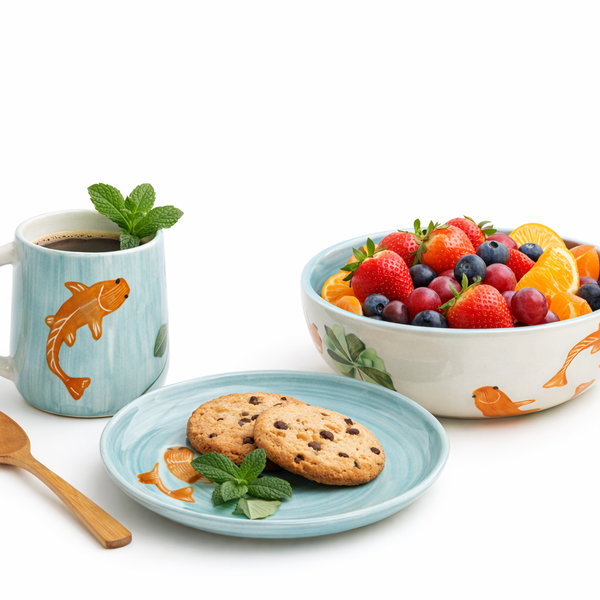 Teal mug with fish design, cookies on a plate, and a bowl of fruit on a white background