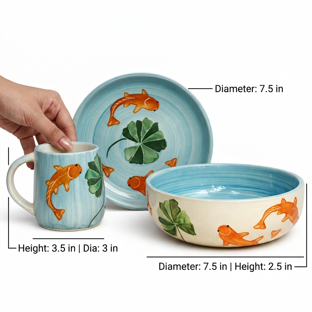 Three-piece ceramic fish-themed tableware set including a mug, plate, and bowl with orange koi fish and green lotus leaf designs, shown with hand and dimension labels on a white background.
