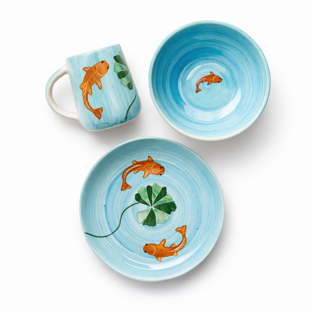 Ceramic set with mug, bowl, and plate featuring koi fish and lotus design on a white background
