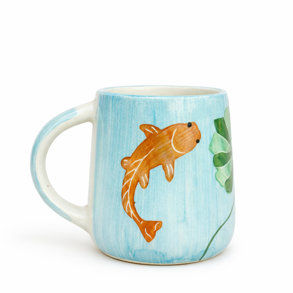 Mug with a fish design on a light blue background