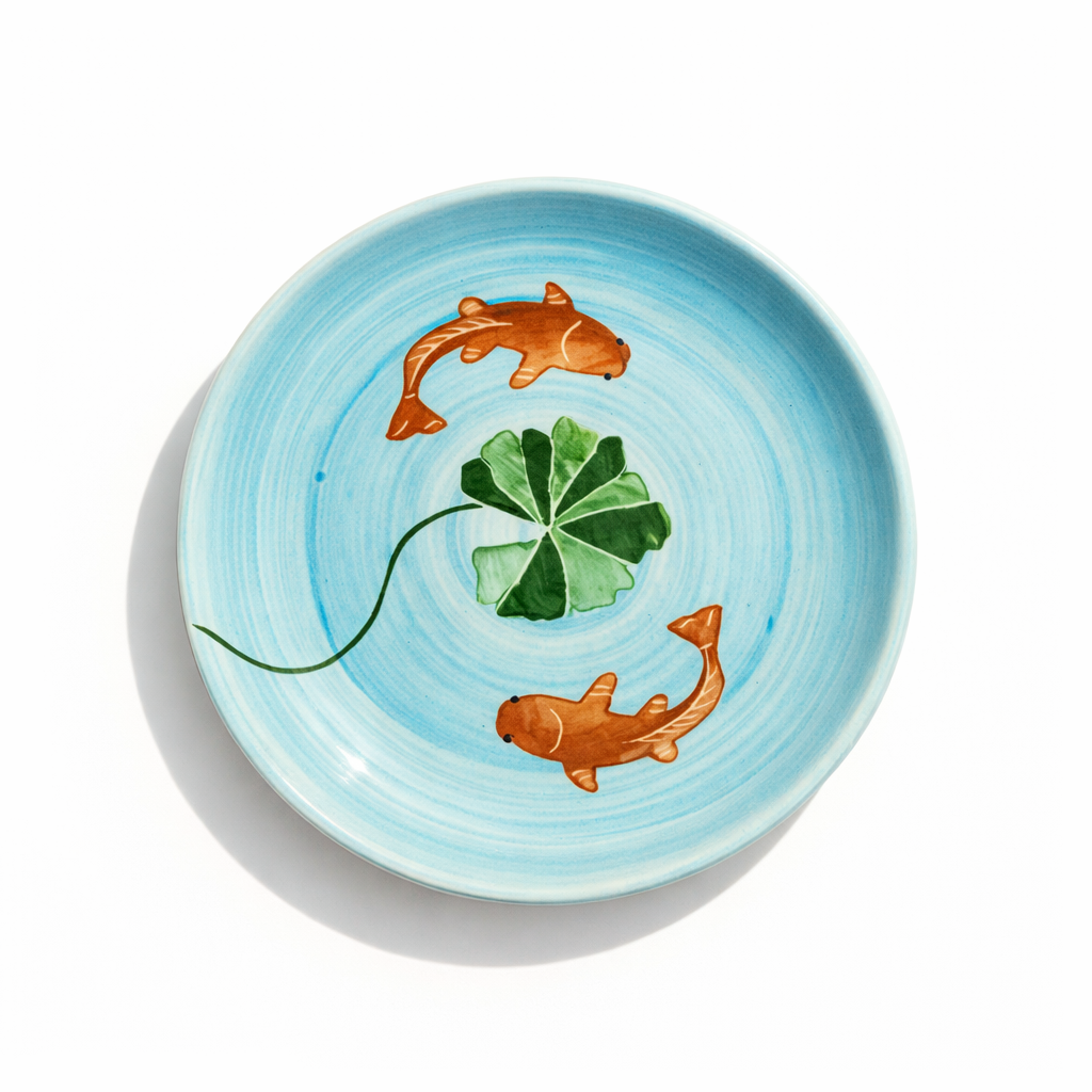 Ceramic bowl with koi fish and lotus design on a light blue background